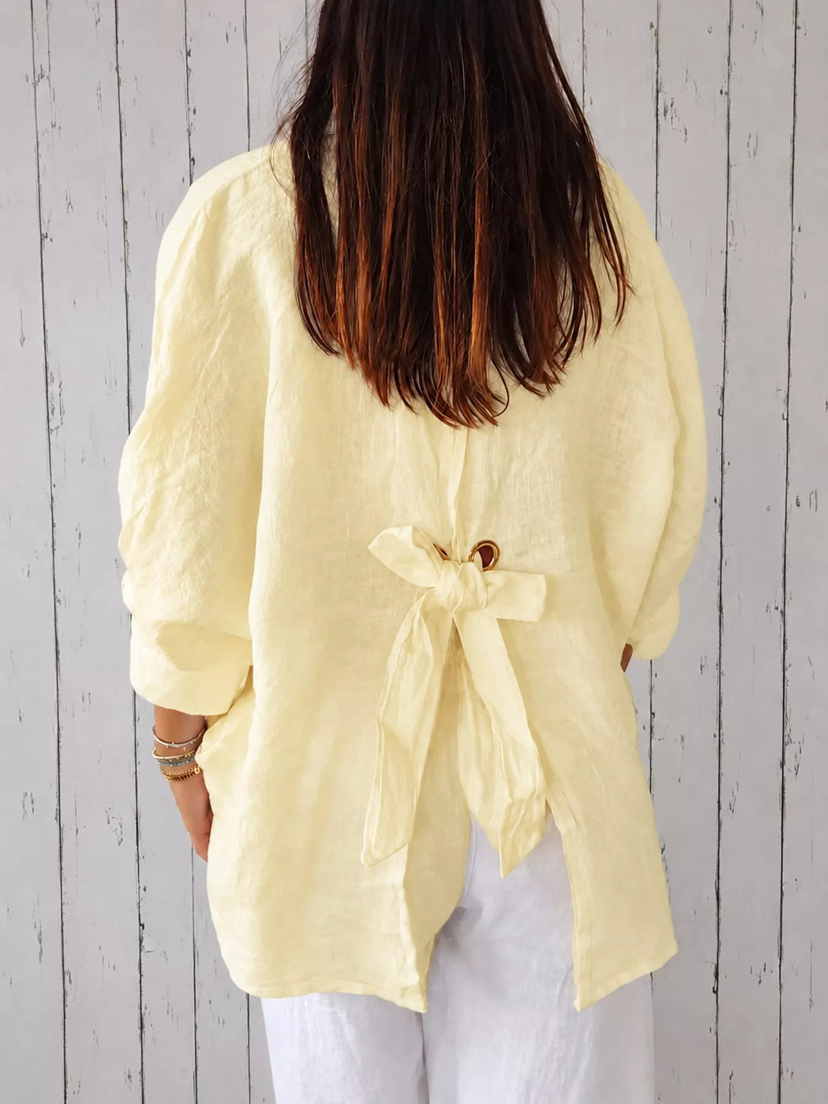Cream loose fit tie back shirt, back view