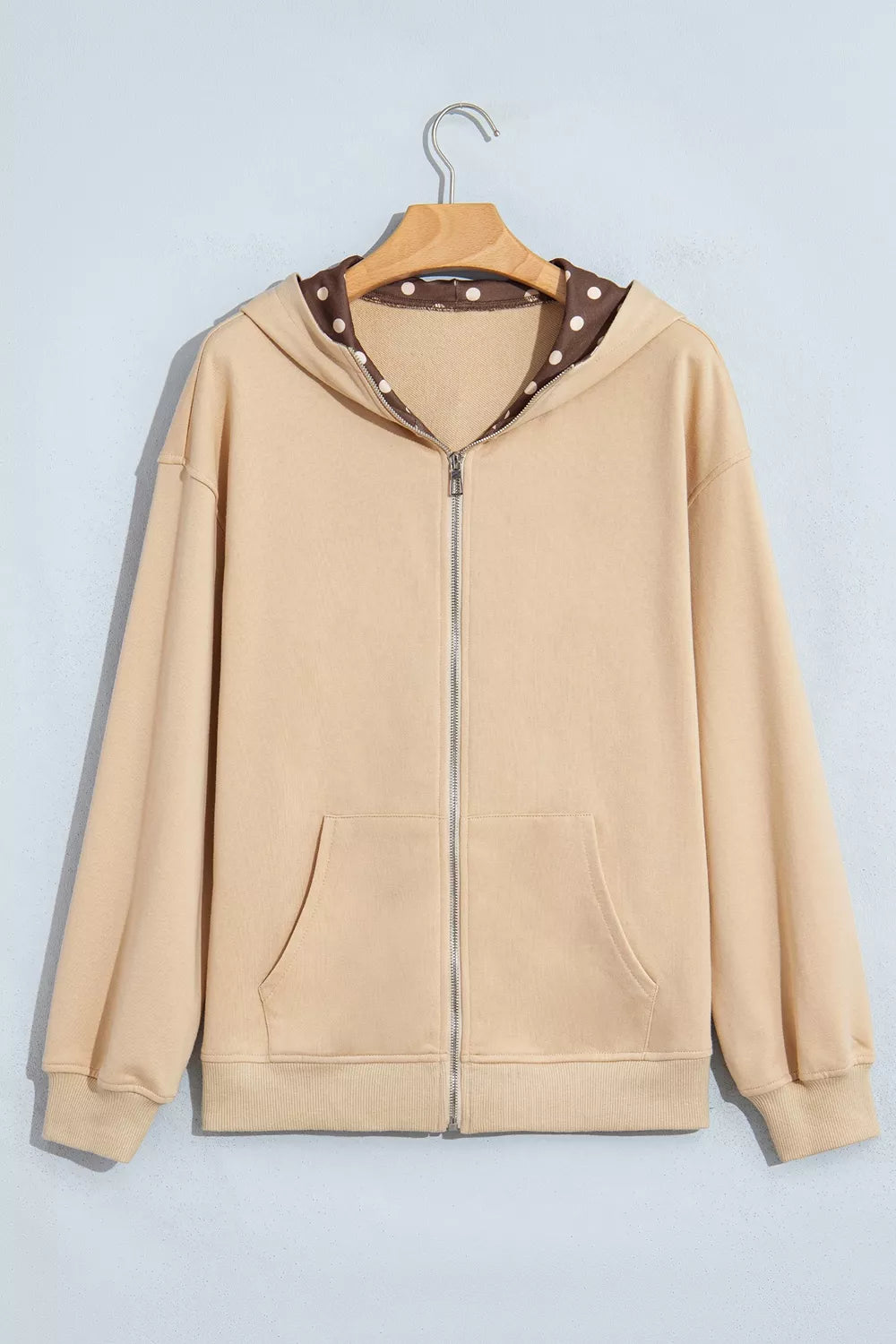 Polka Dot Zip-Up Hoodie in beige, hanger front view