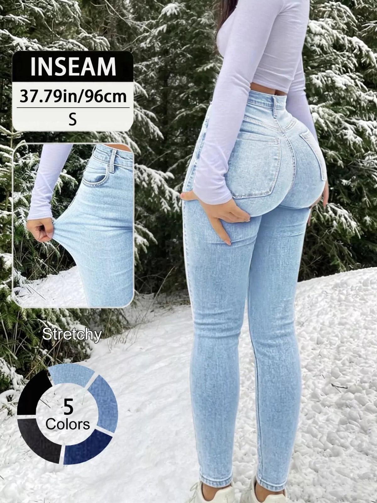 Skinny jeans, light blue back with measurement inset