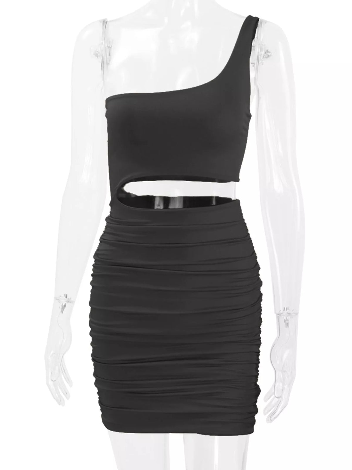 One-shoulder cutout dress, black mannequin front