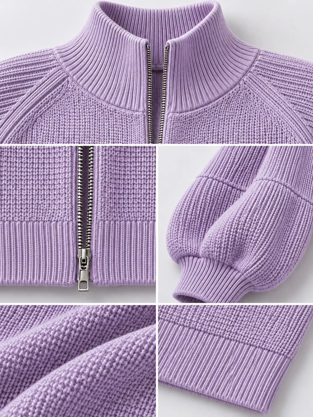 Light Purple ribbed knit zip-up lantern sleeve cardigan, detail view