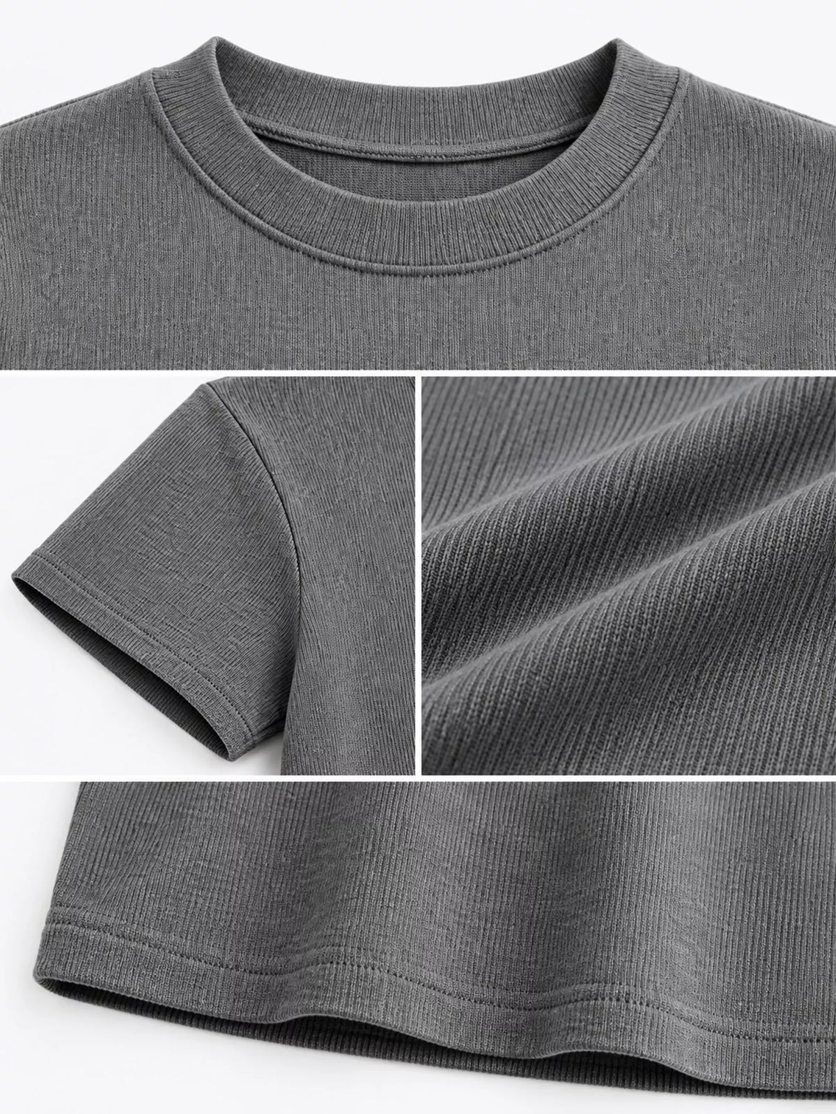Dark gray slim-fit crew neck T-shirt, neckline, sleeve and hem detail collage