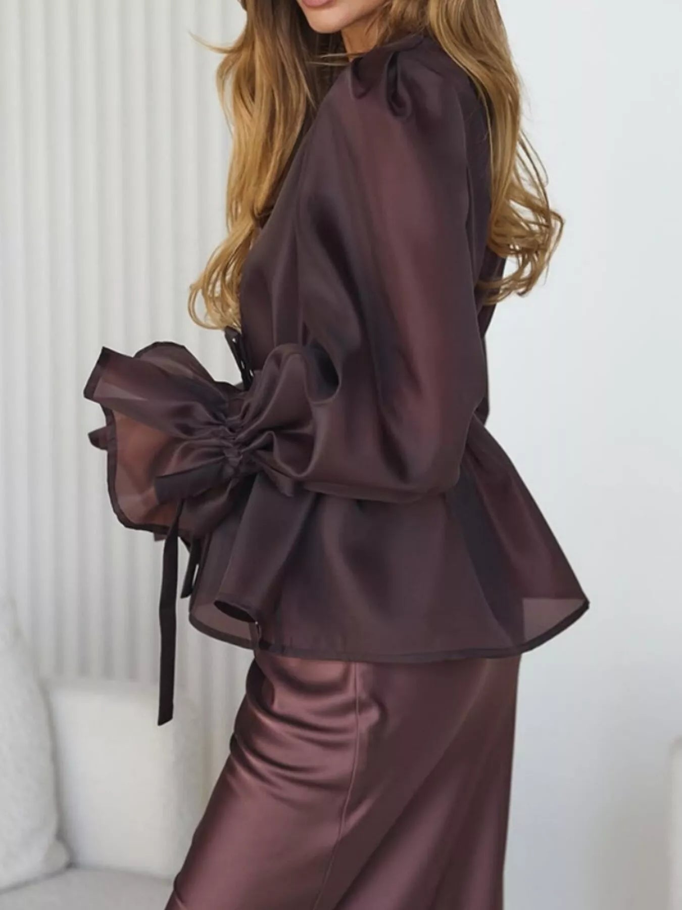 Trendsi Flounce Sleeve Blouse and Satin Midi Skirt Two-Piece Set -