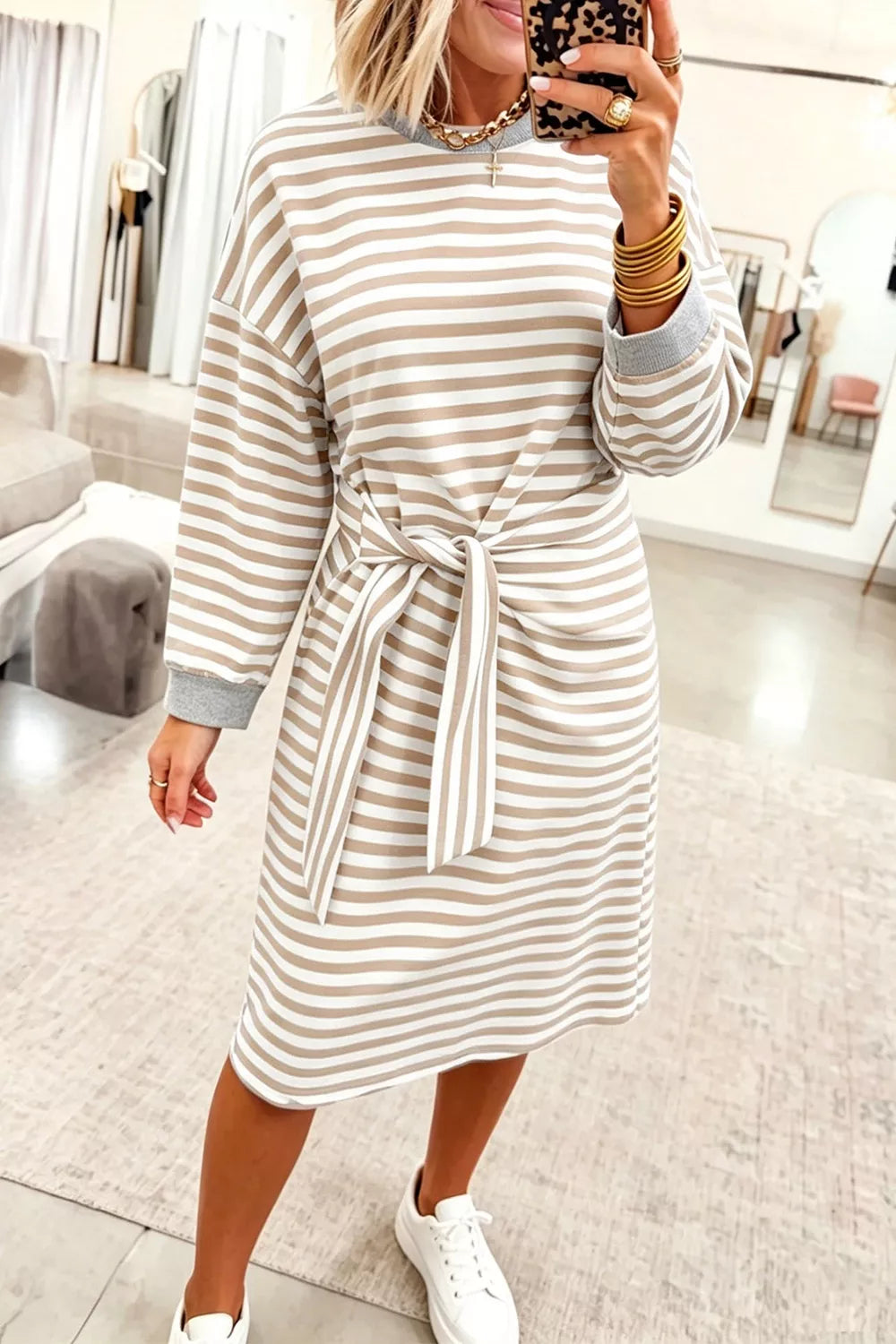 Trendsi Stripe Striped Colorblock Cuffs Round Neck Long Sleeve Shift Dress -