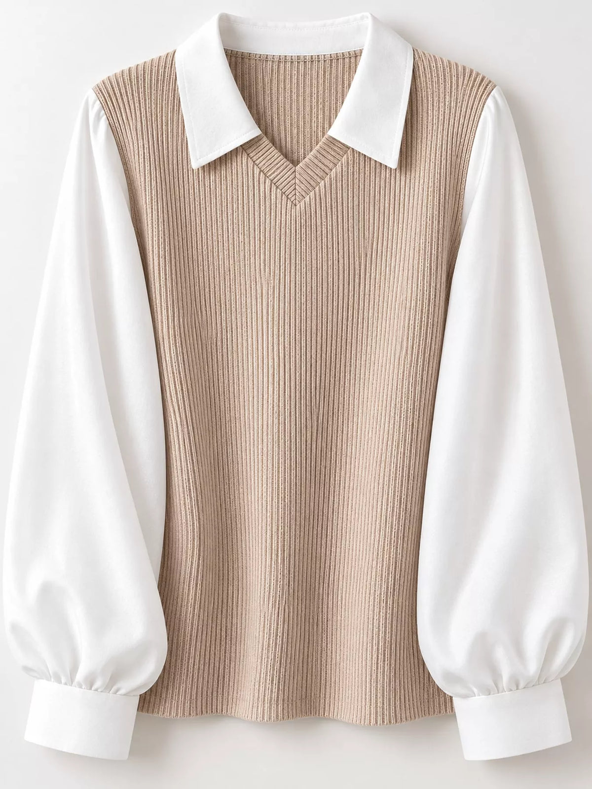Layered blouse, taupe and white flat lay
