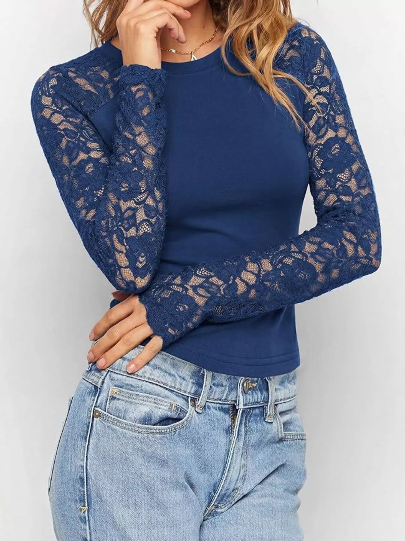 Trendsi Lace Long Sleeve Round Neck T-Shirt -