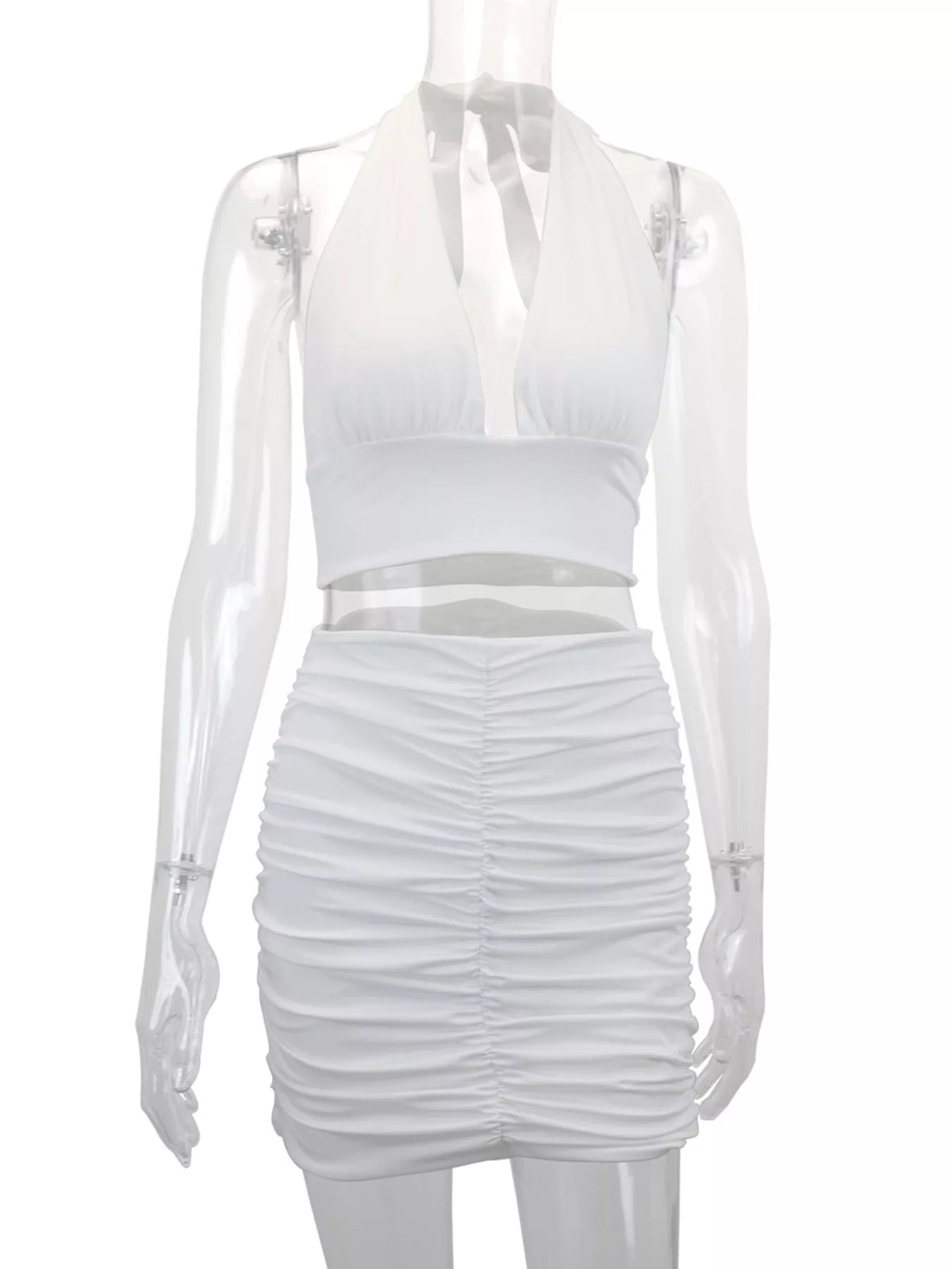 White halter crop top and ruched bodycon mini skirt set