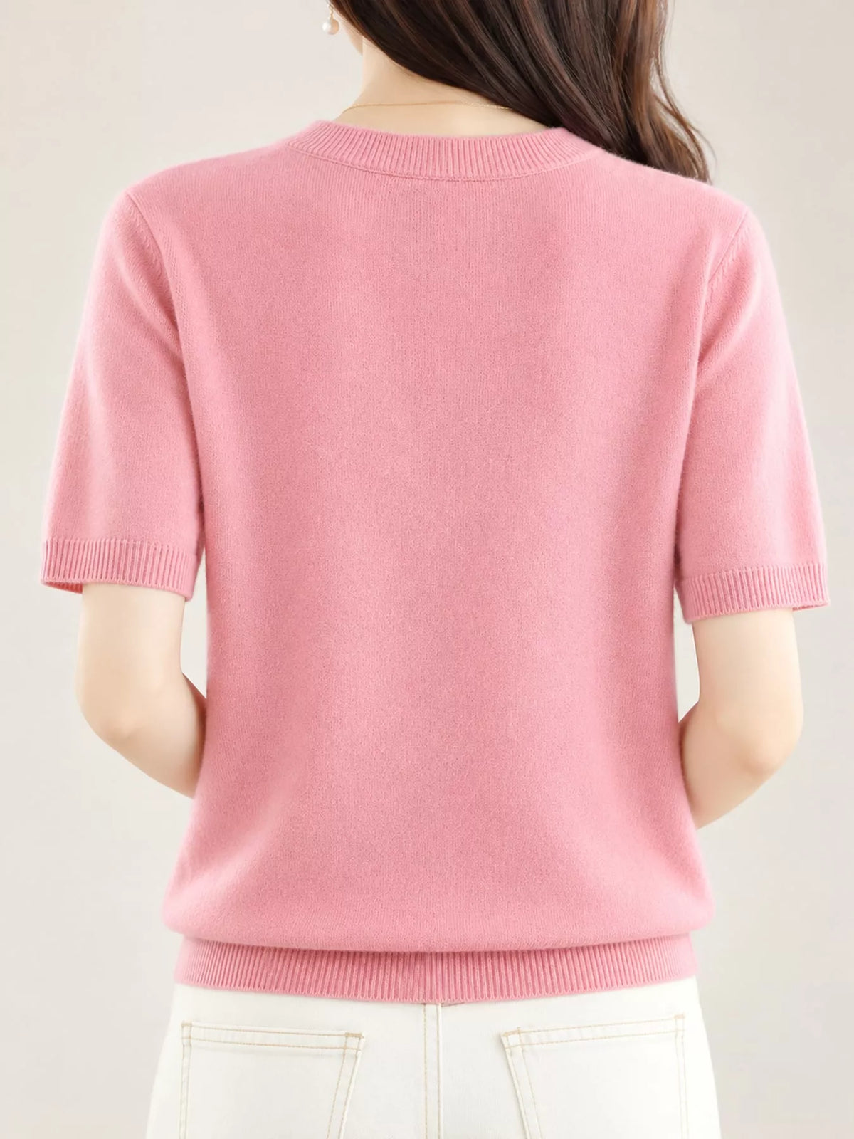 Pink round neck short-sleeve sweater, back view