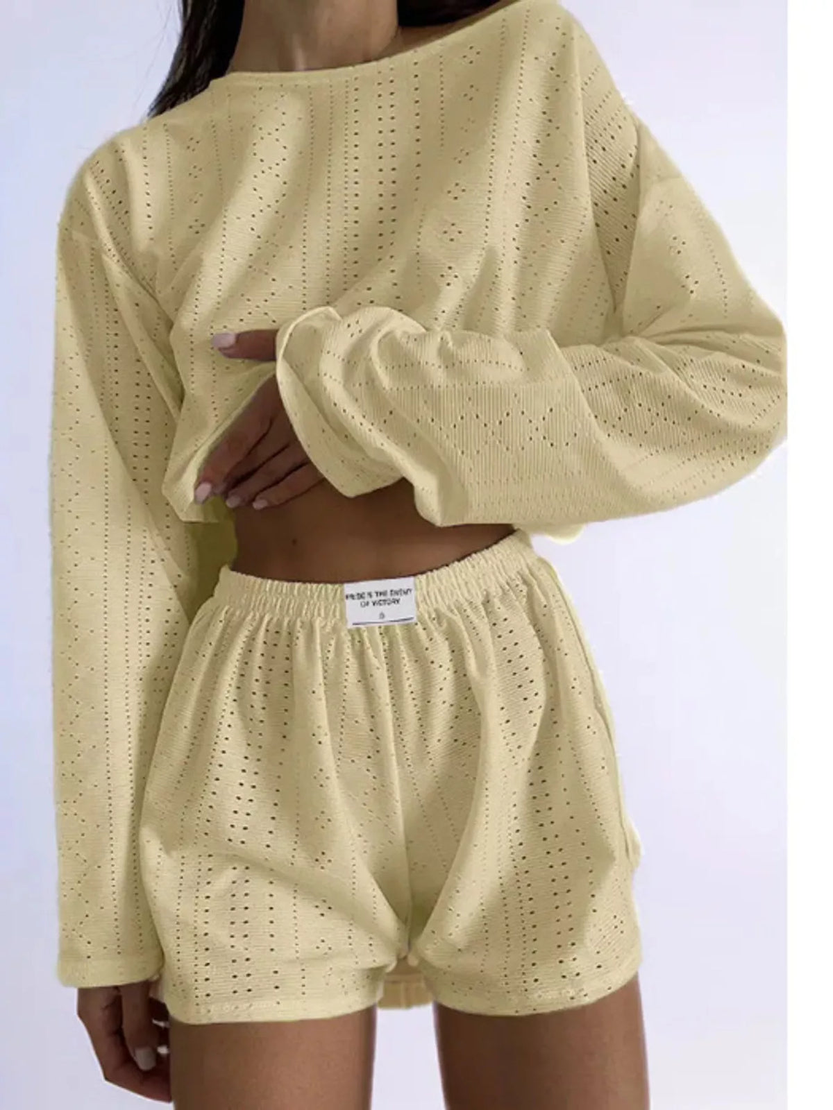 Eyelet Long Sleeve Top and Shorts Lounge Set in yellow