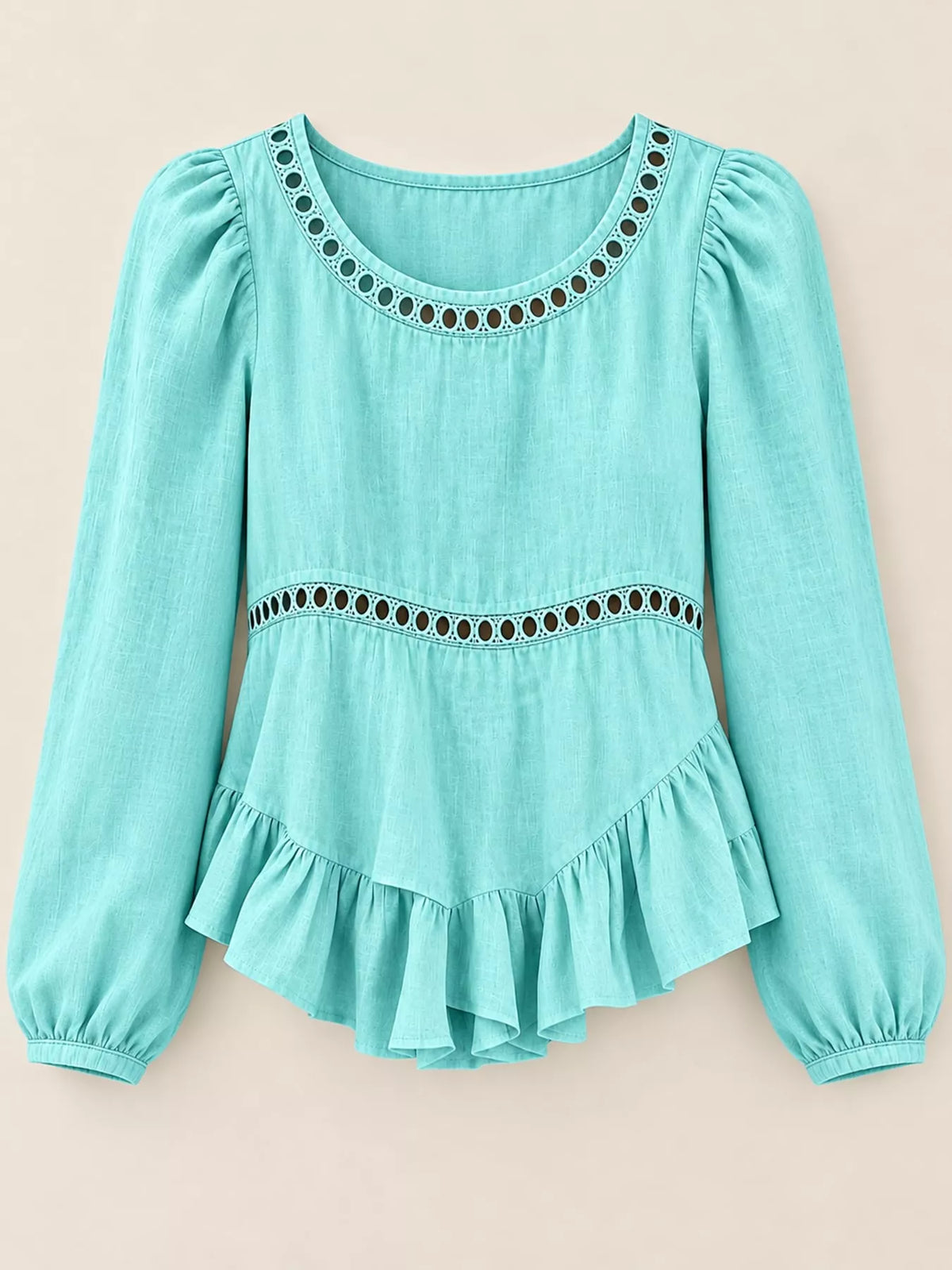Women's Long Sleeve Blouse with Eyelet Lace Trim and Ruffled Hem in aqua — flat lay view