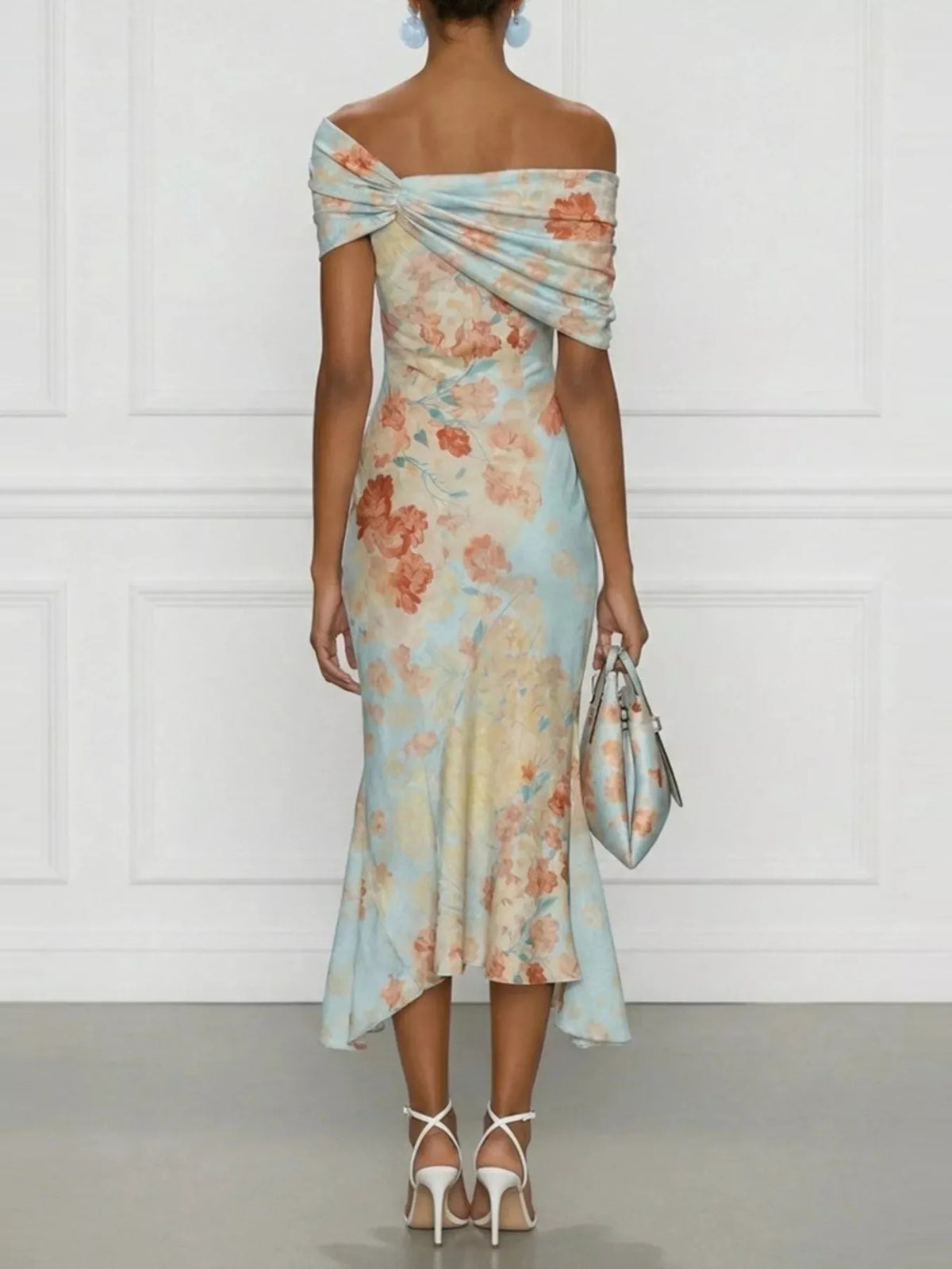 Pastel floral floral off-shoulder midi dress, back view