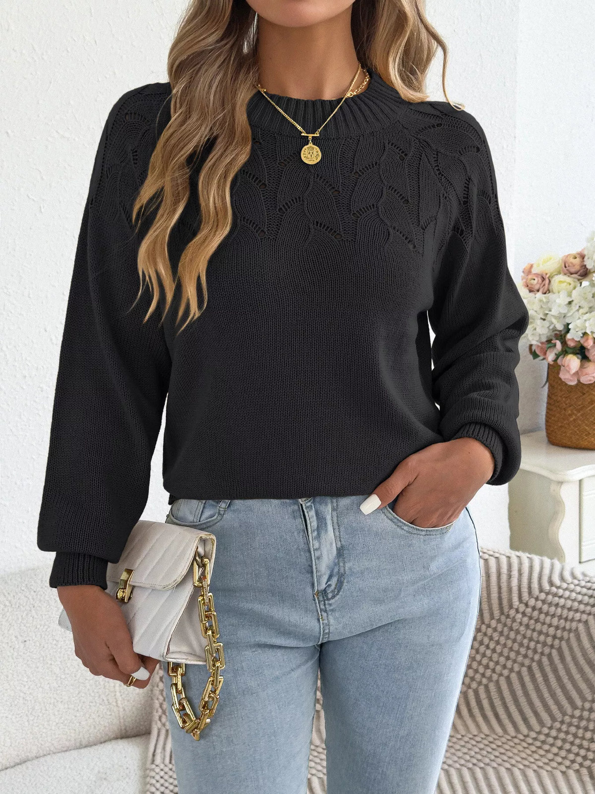 Black openwork crew neck sweater