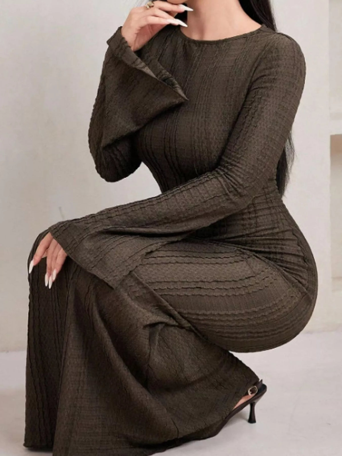 Textured Flare Sleeve Bodycon Maxi Dress in brown