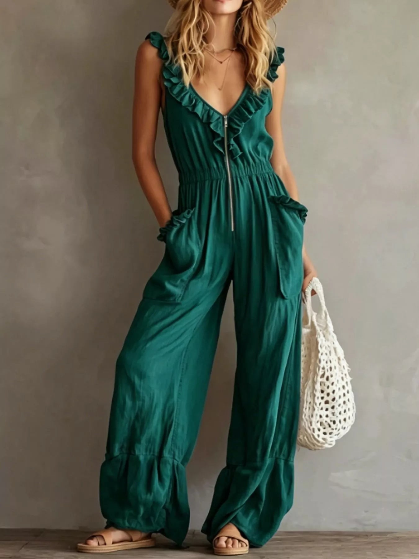Trendsi Ruffled V-Neck Wide Leg Jumpsuit -