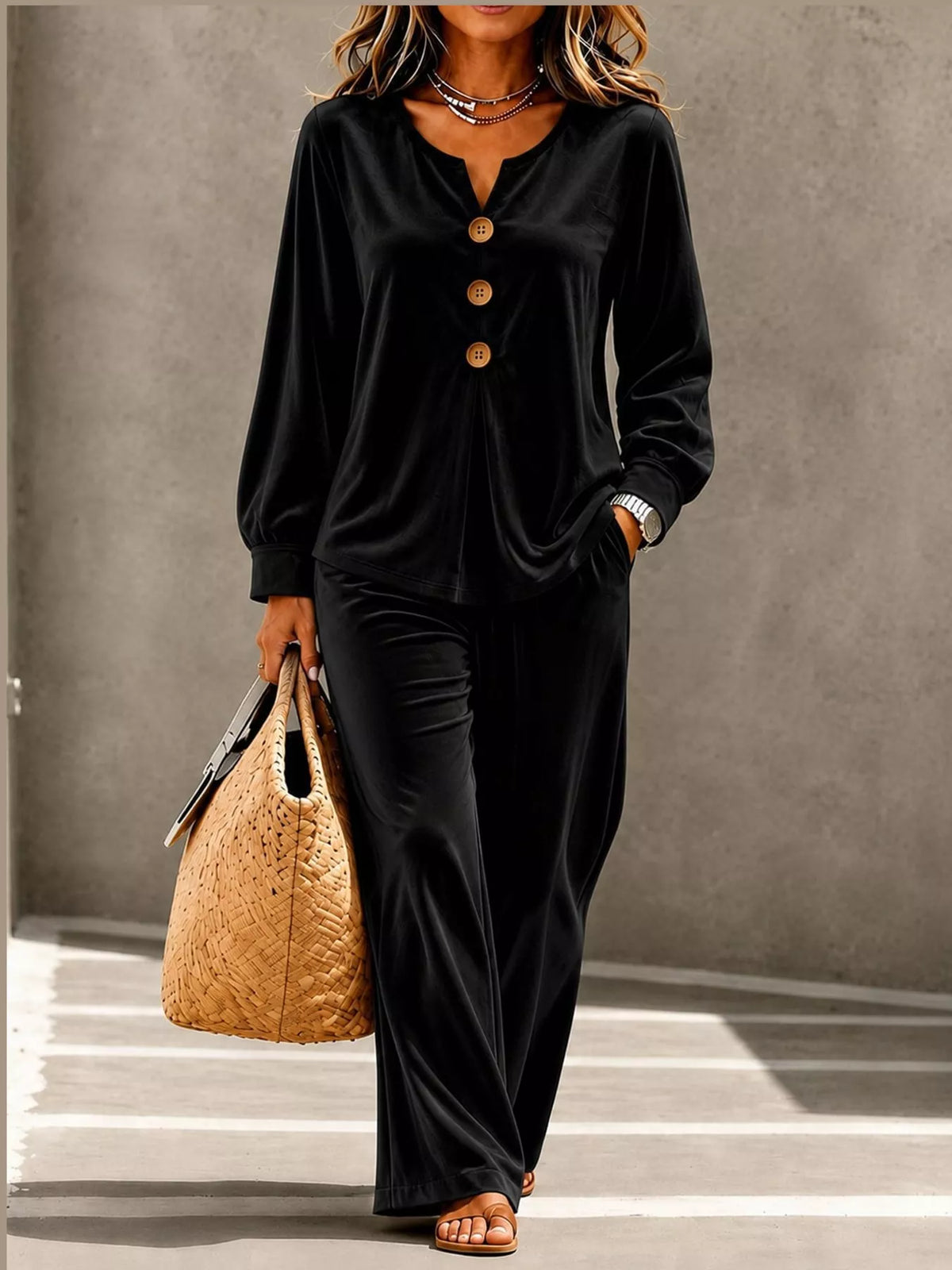 Black decorative button top and pants set — front view
