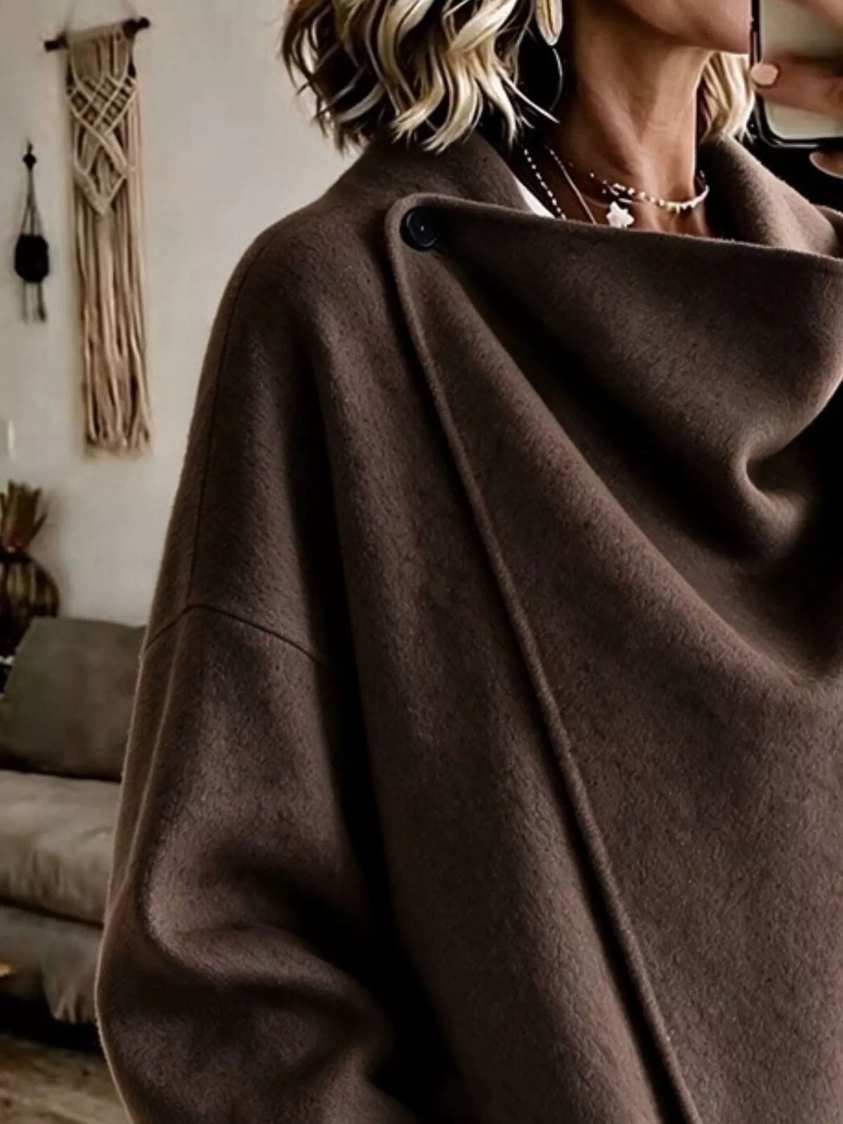 Brown asymmetric cowl neck cape-style jacket, cowl neckline and shoulder button