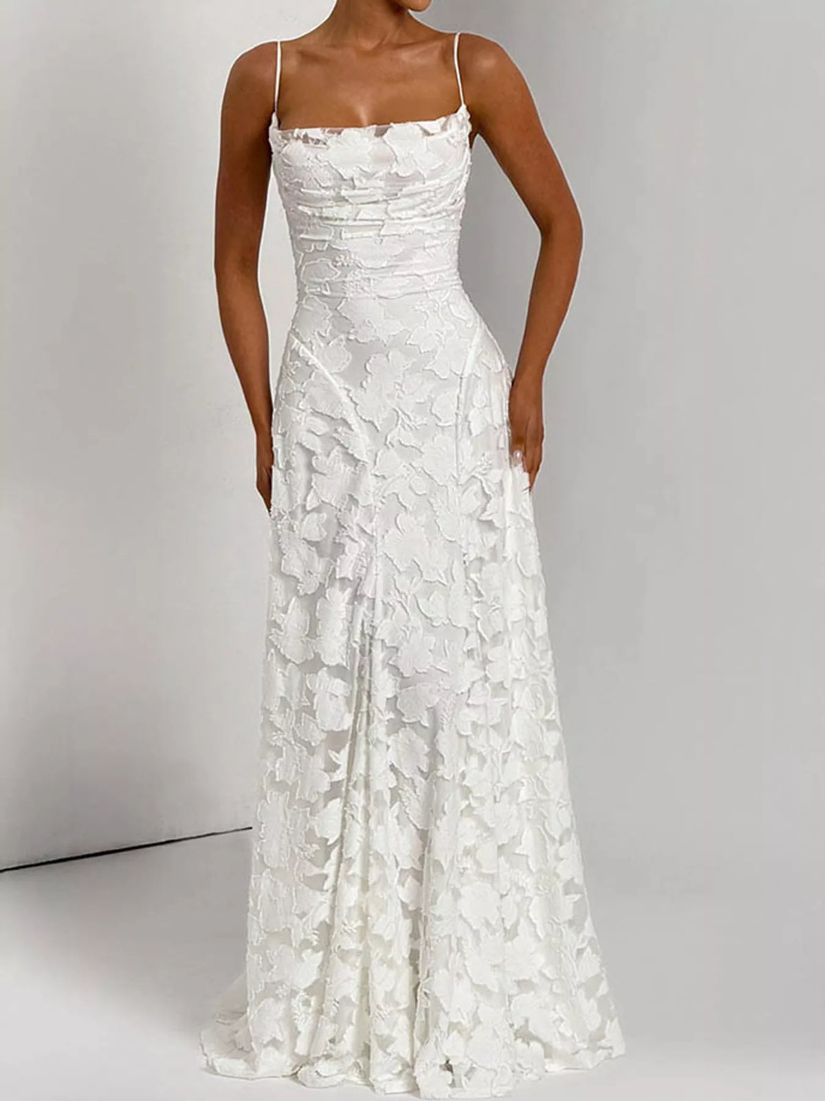 White backless lace maxi dress, front view