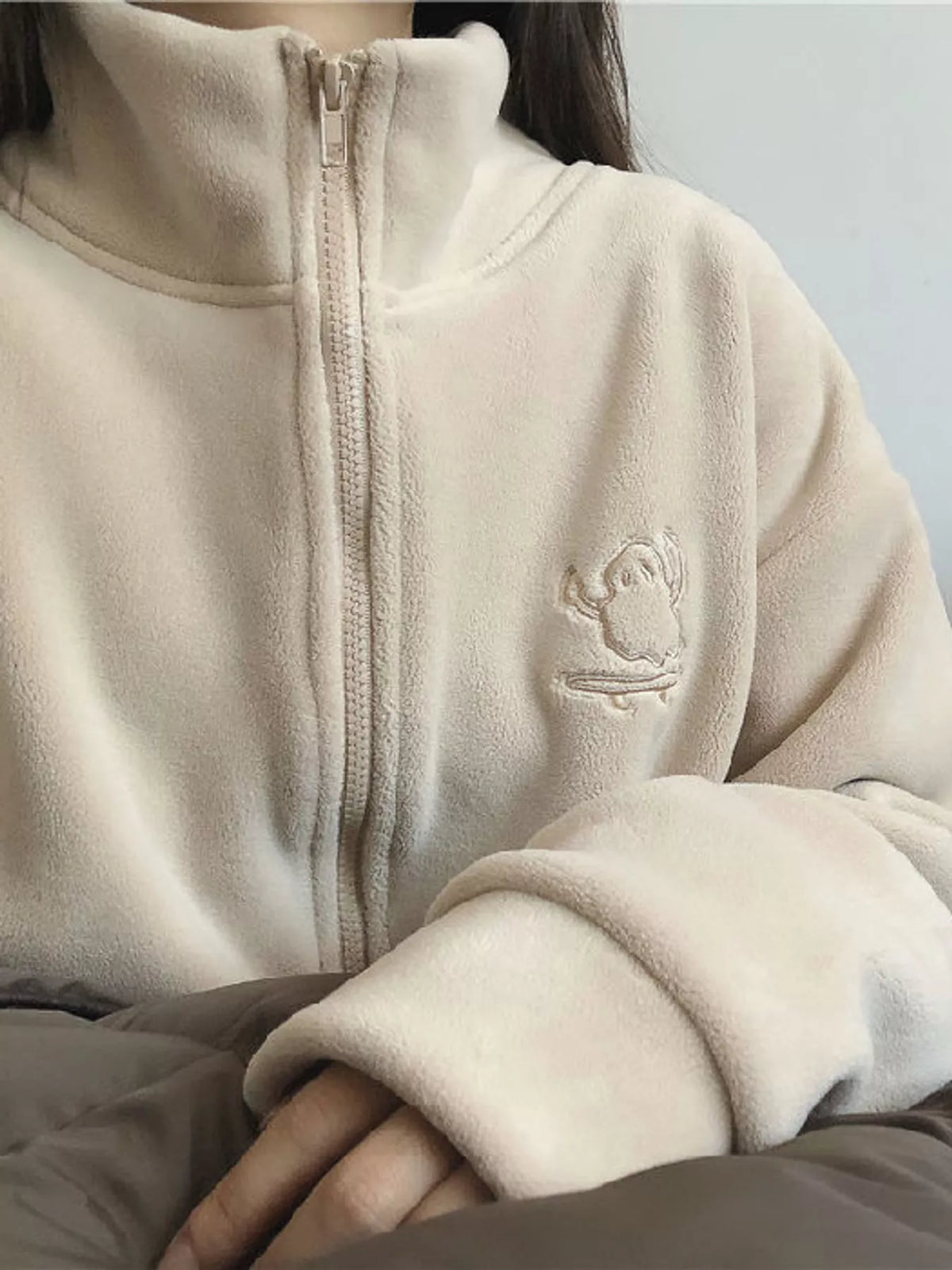 Apricot fleece stand-collar zip-up jacket