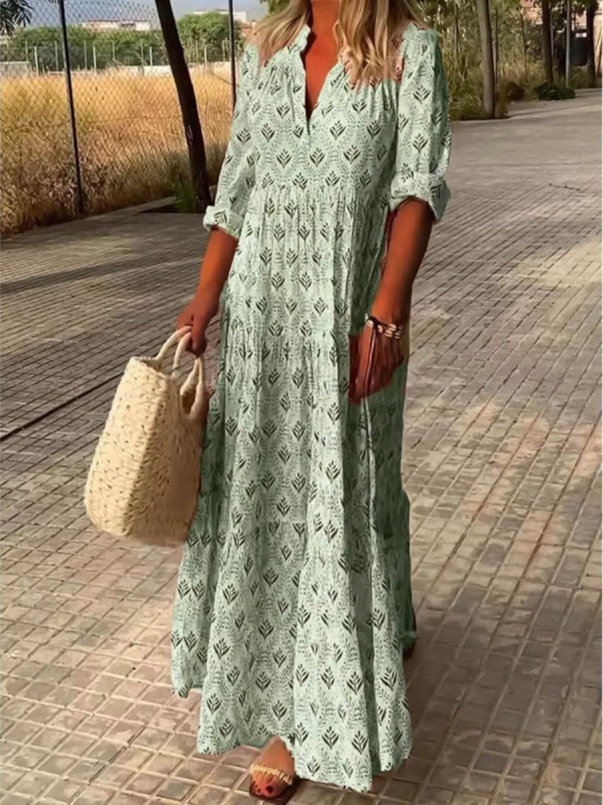 Printed notched tiered maxi dress