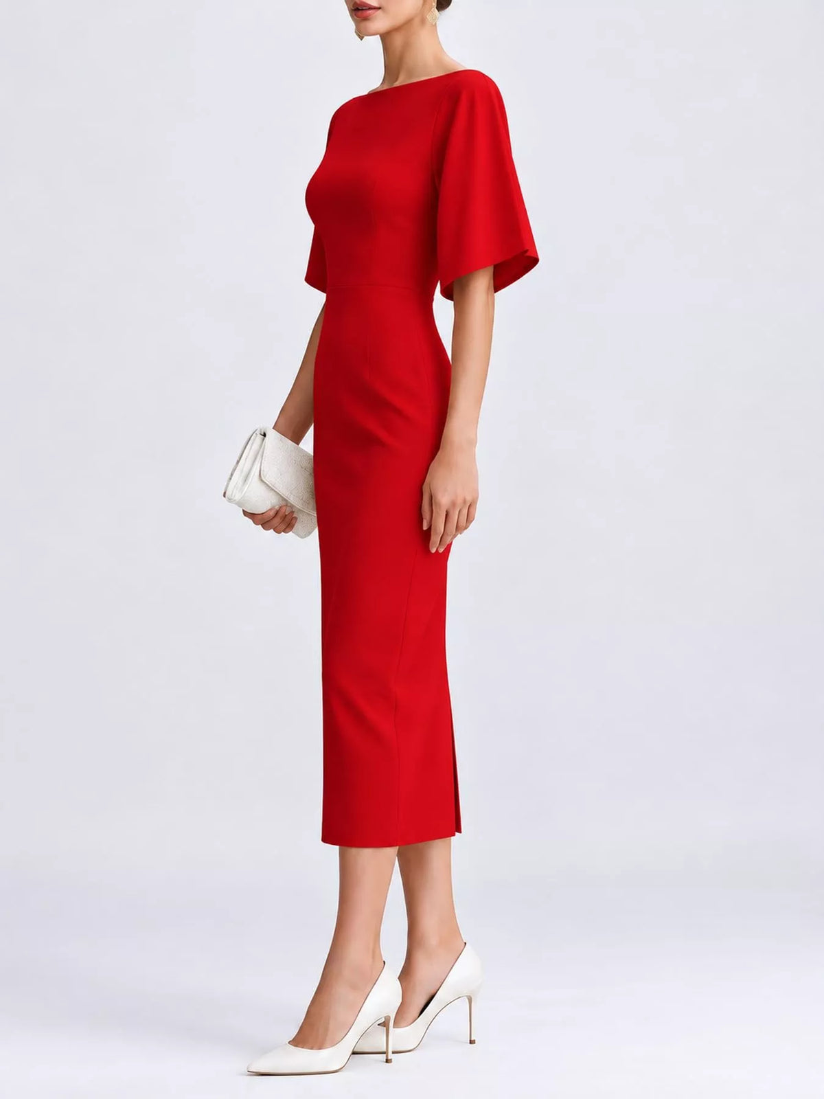 Boat neck short sleeve midi dress, side view