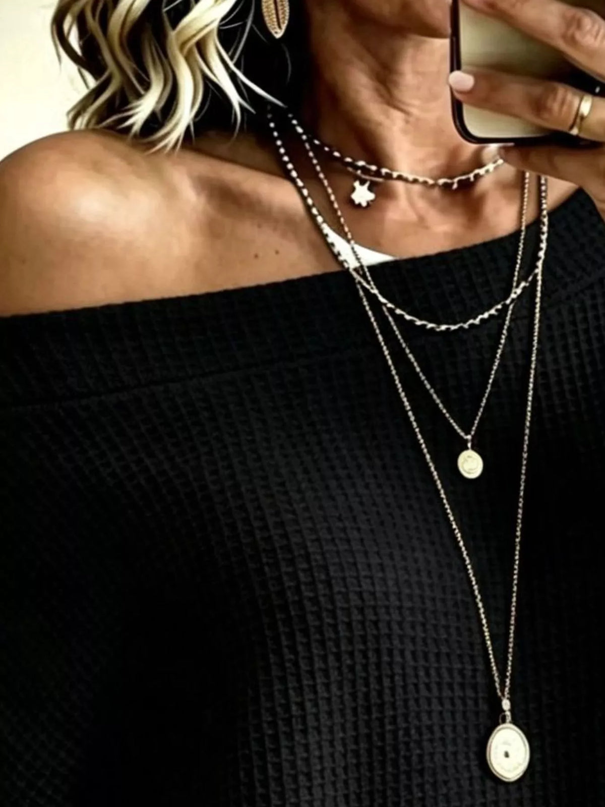 Women's Waffle Knit Boat Neck Sweatshirt in black — front view