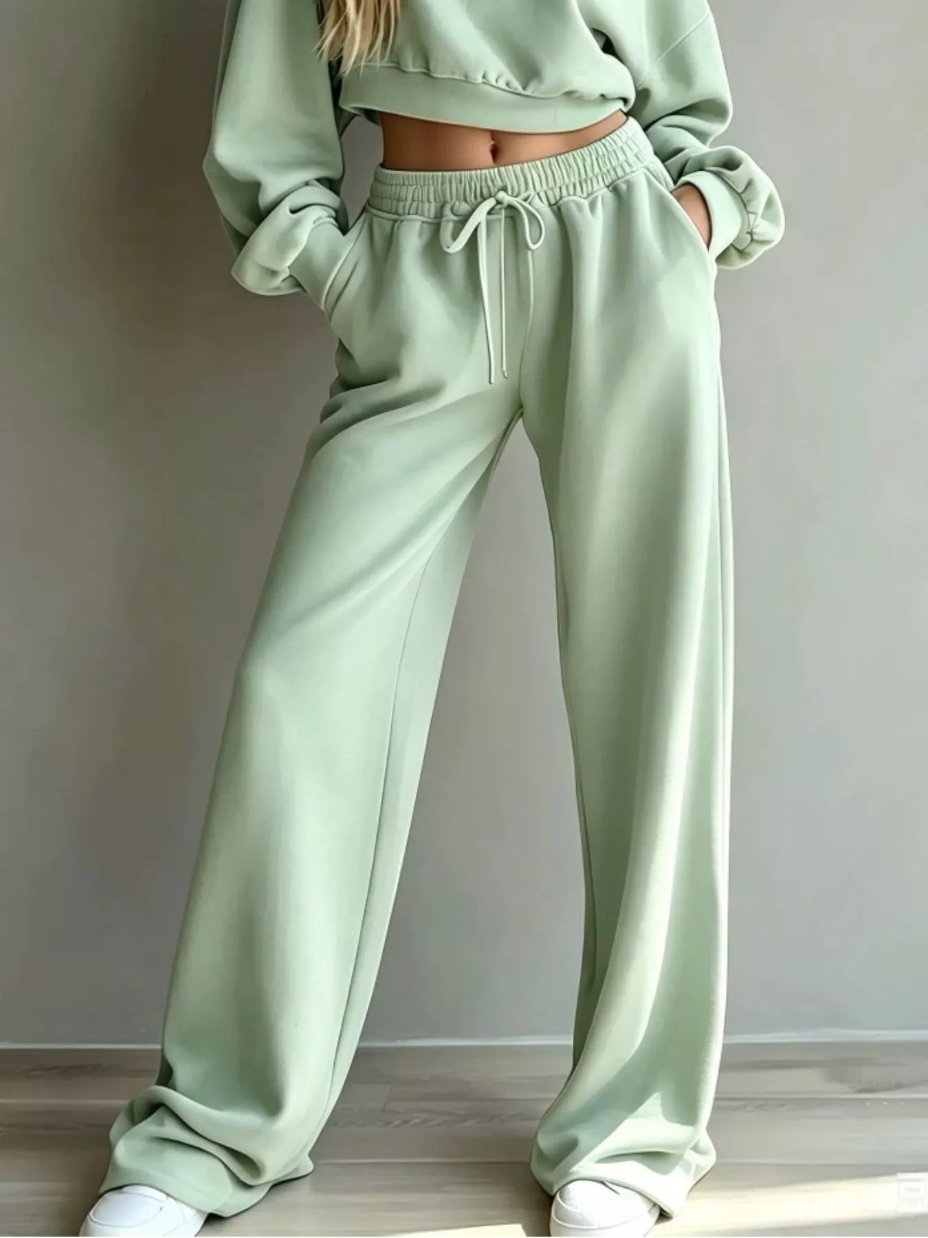 Trendsi Round Neck Cropped Sweatshirt and Wide-Leg Pants Set -