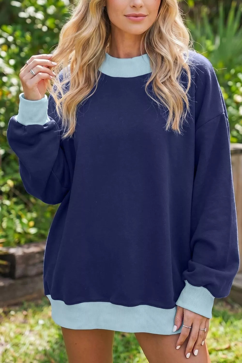 Trendsi Colorblock Trim Crewneck Long Sleeve Pullover Sweatshirt -