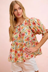 Trendsi BiBi Flower Printed Shirring Detail Blouse Top -