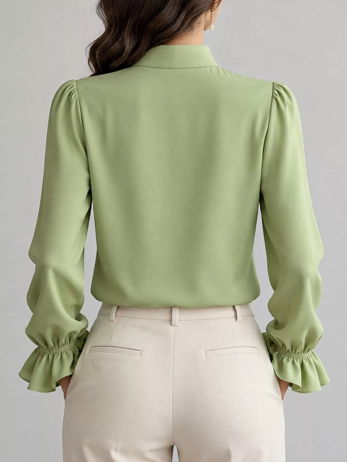 Ruffled Stand-Collar Blouse with Long Lantern Sleeves, back view