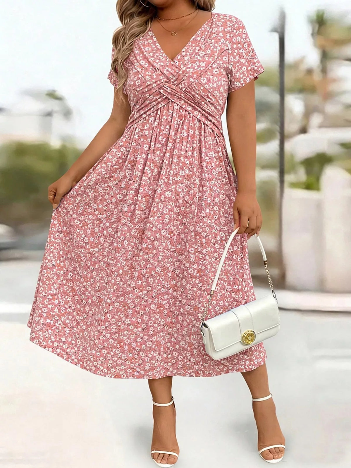 Pink floral short sleeve midi dress with pockets, flared skirt