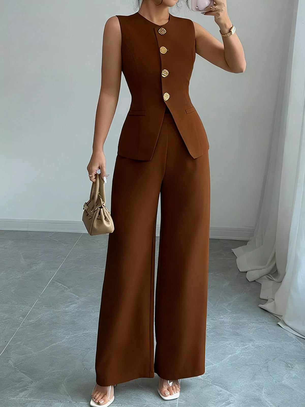 Button-Down Vest and Wide-Leg Pants Set in brown