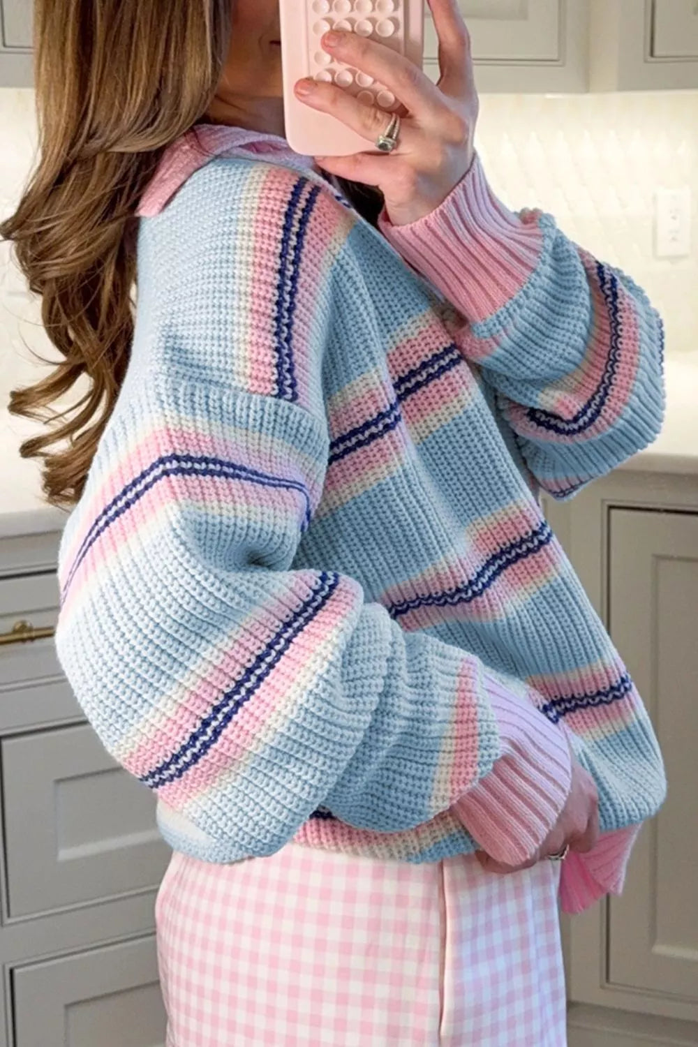 Trendsi Stripe Striped Button Collar Long Sleeve Shift Fit Winter Knitwear Sweater -