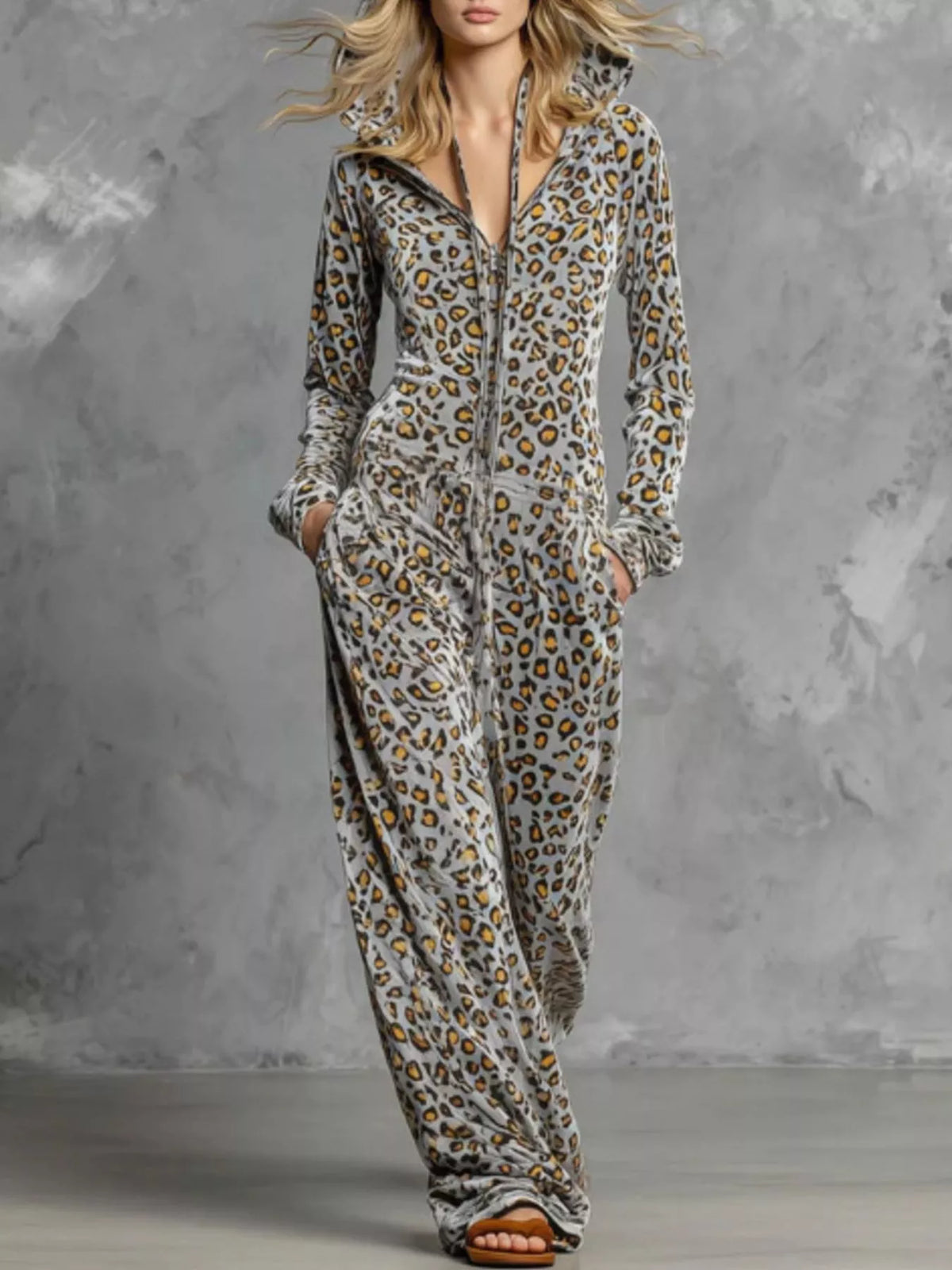 Trendsi Leopard Zip-Front Hooded Jumpsuit -