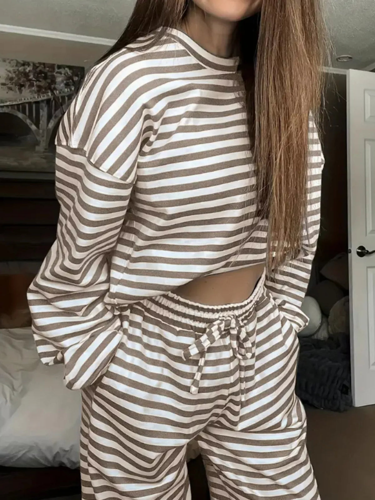 Taupe striped long-sleeve top and pants set, leaning front detail of top and waistband
