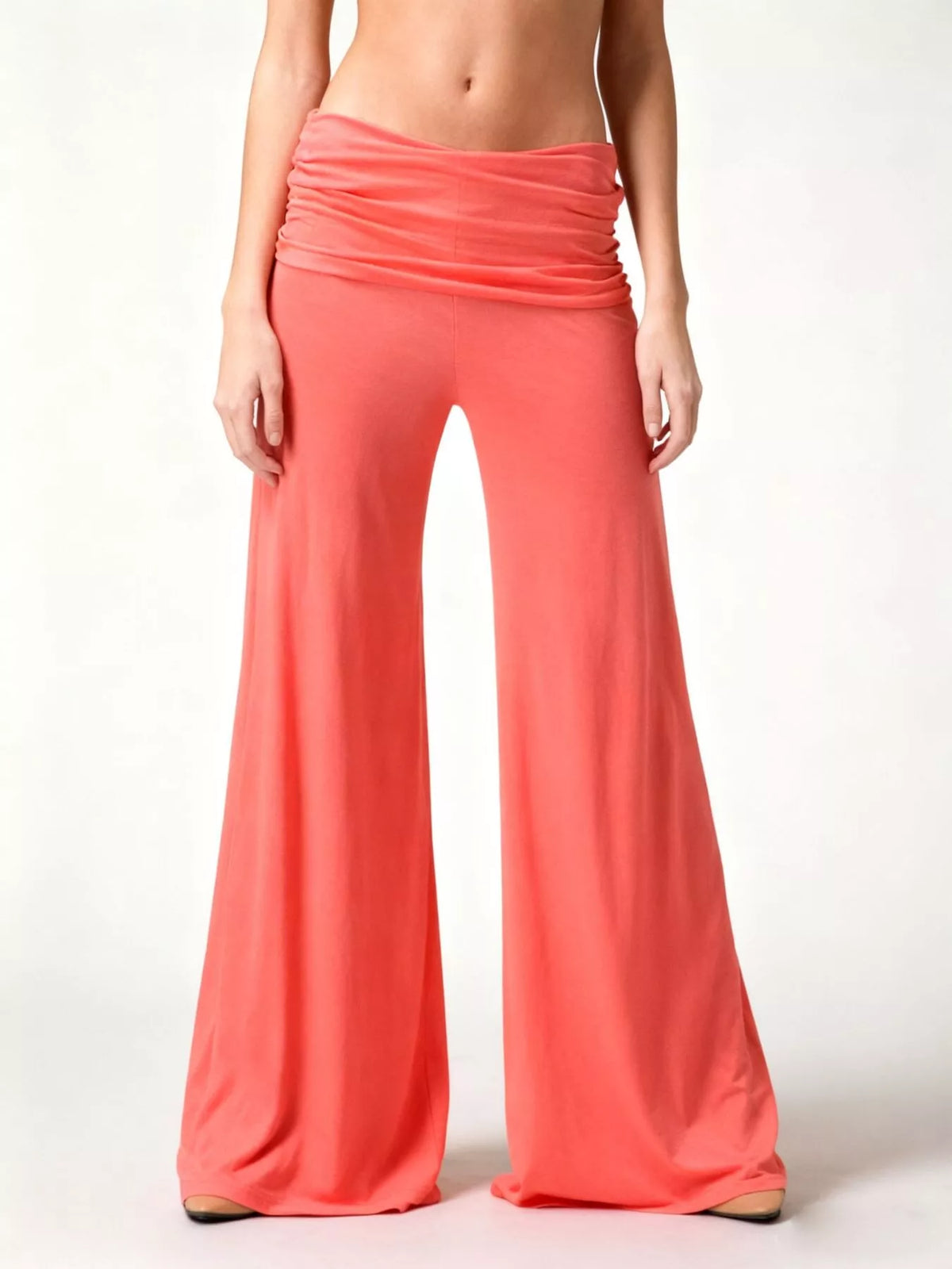 Coral fold-over wide-leg pants, front view with legs together