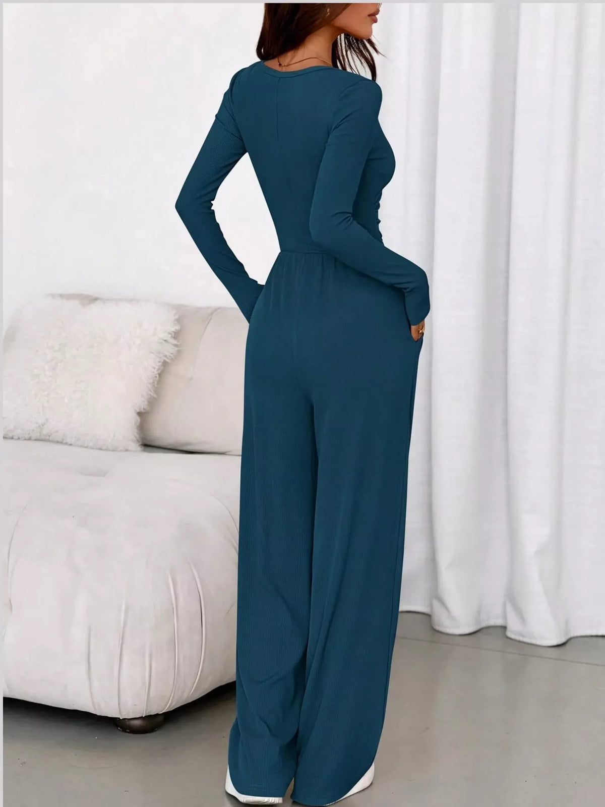 Long Sleeve Ribbed Knit Wide-Leg Jumpsuit — back view