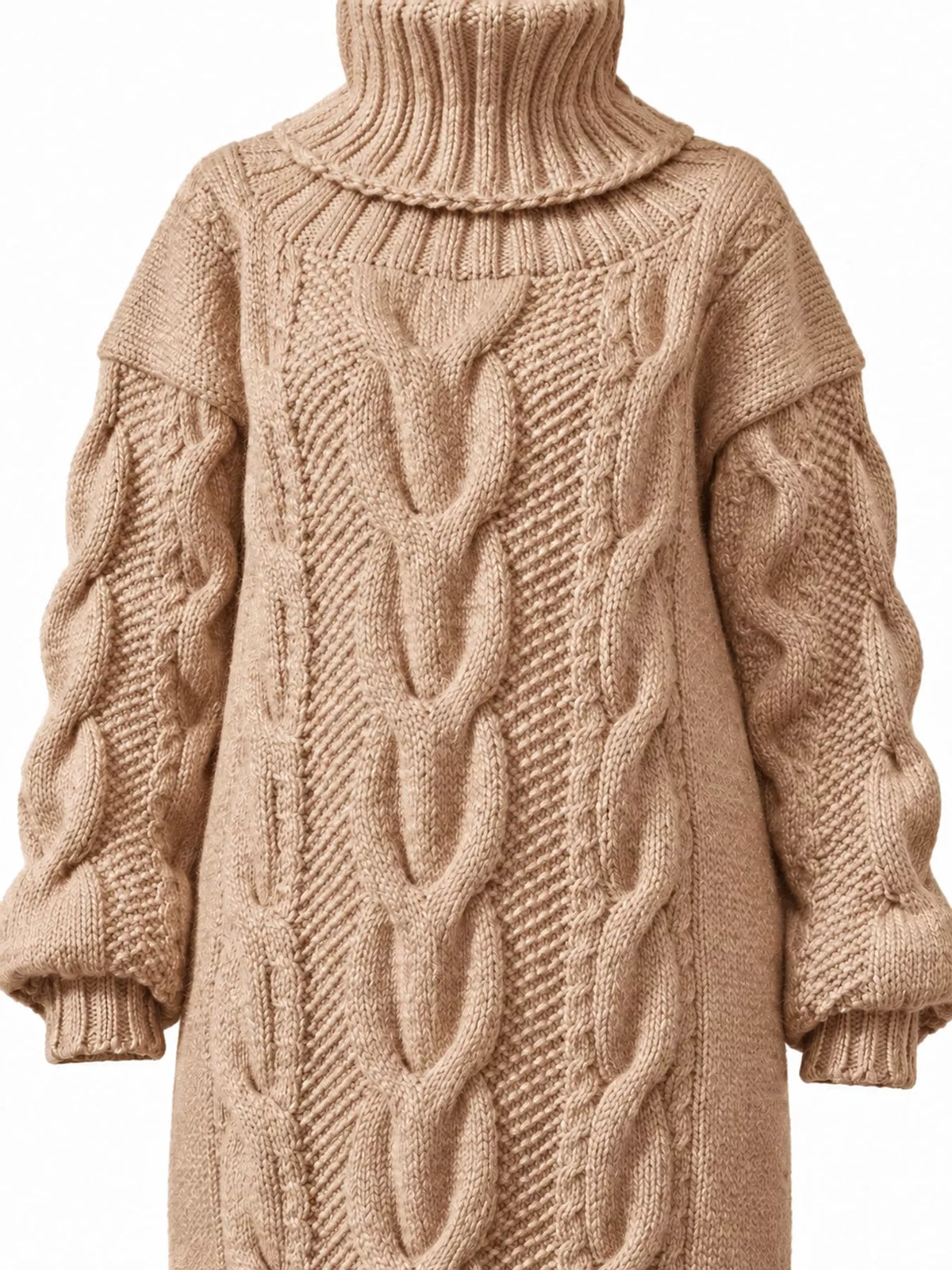 Khaki oversized cable knit turtleneck sweater dress