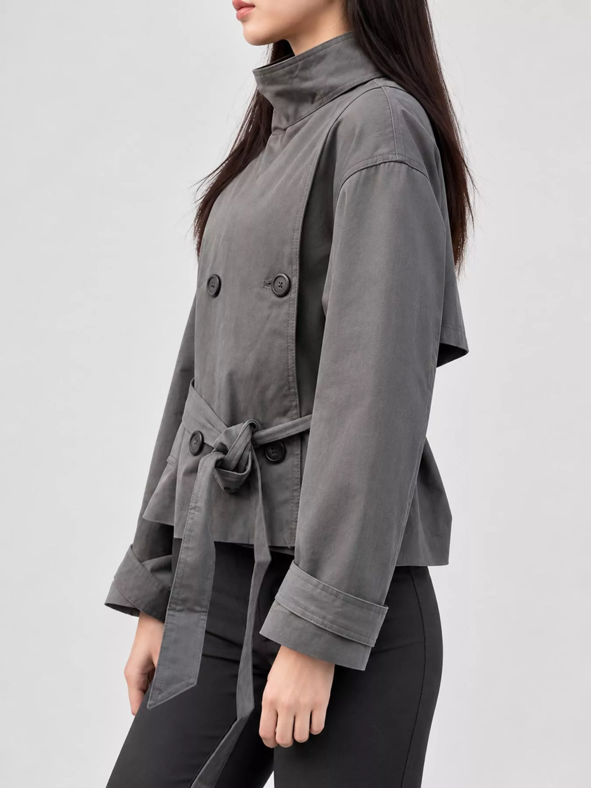 Women's Double-Breasted Belted Trench Coat in gray — side view