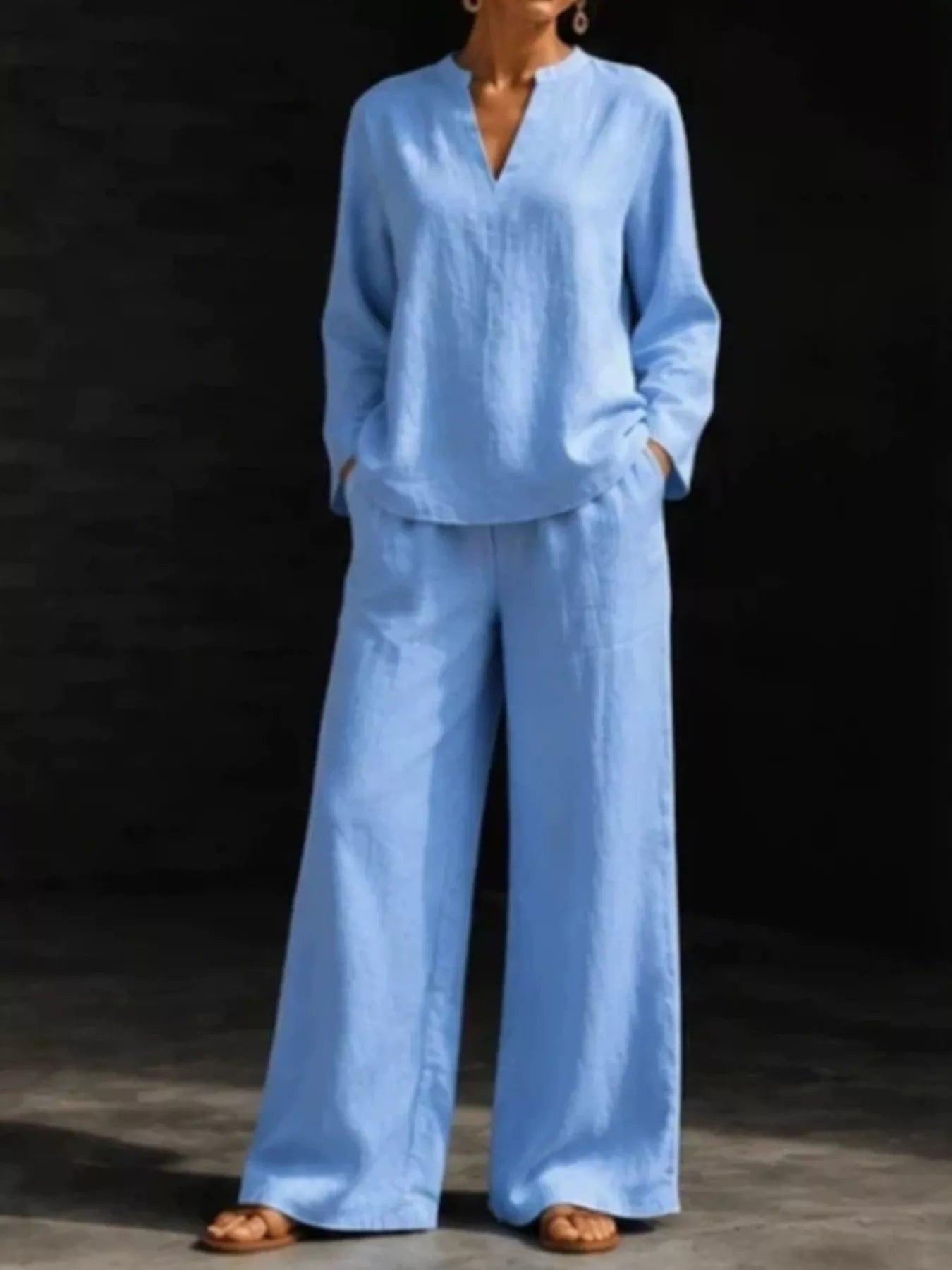 Trendsi Notched Long Sleeve Top and Pants Set -