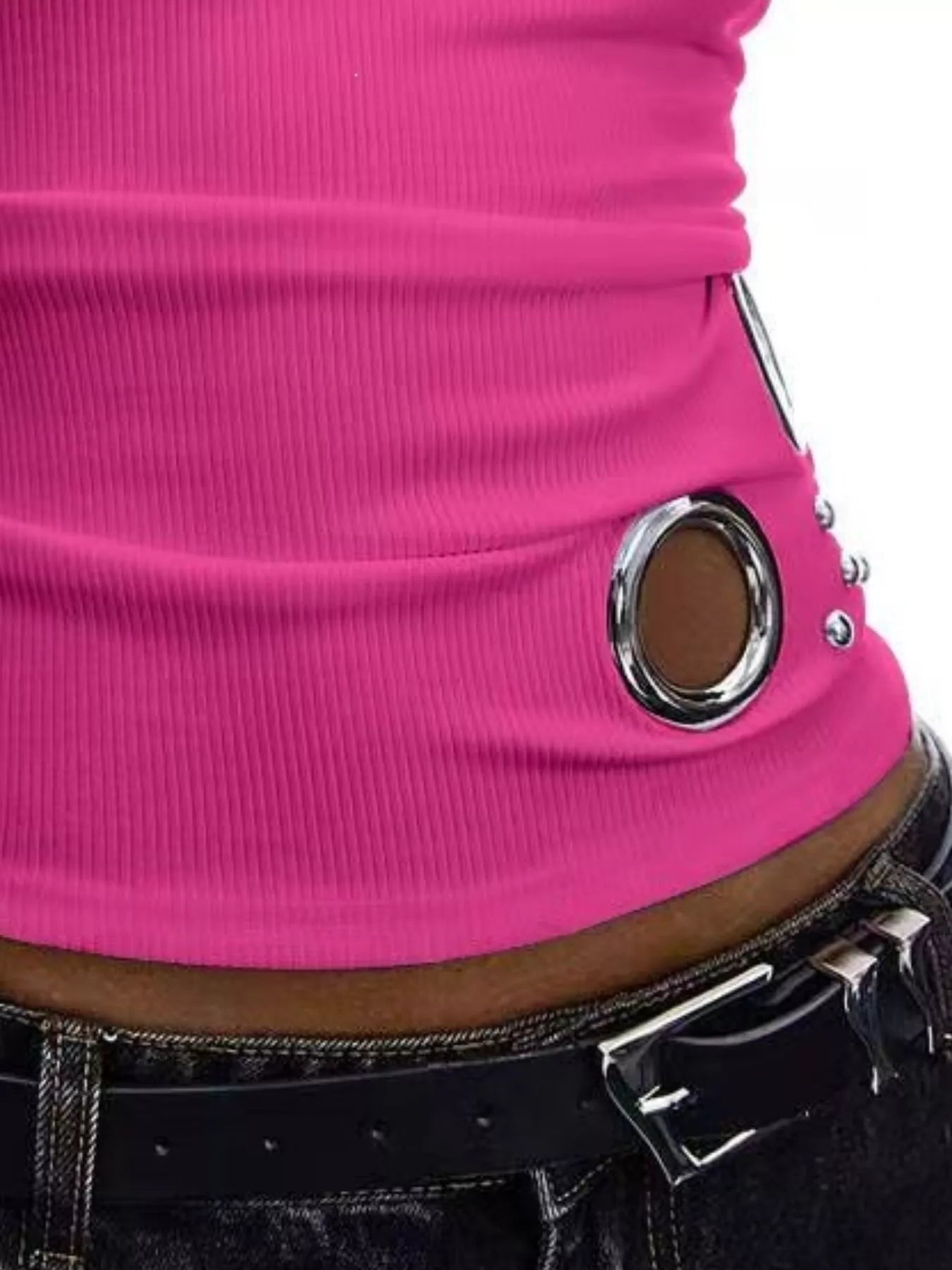 Trendsi Ribbed Tank Top with Metal Grommet Cutouts and Stud Embellishments -