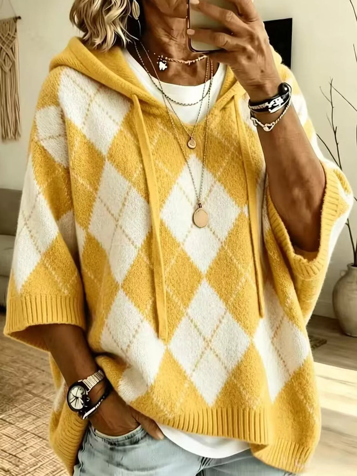 Argyle Pattern Hooded Sweater, front view