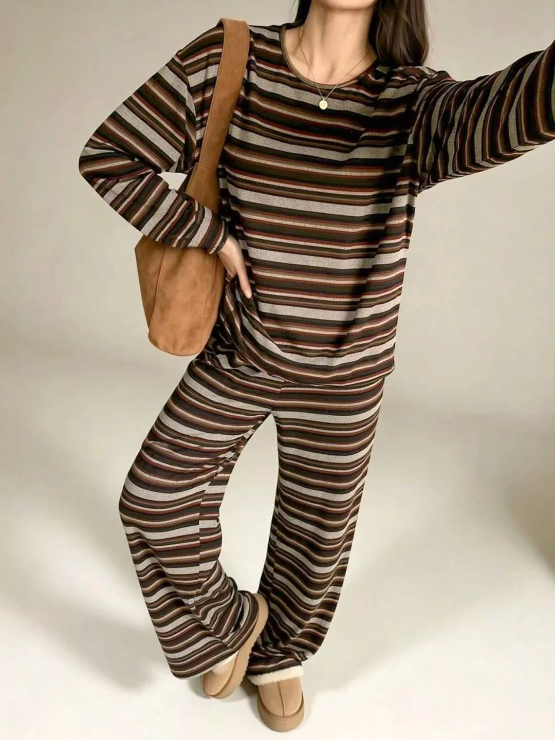 Trendsi Striped Long-Sleeve Top and Wide-Leg Pants Set -