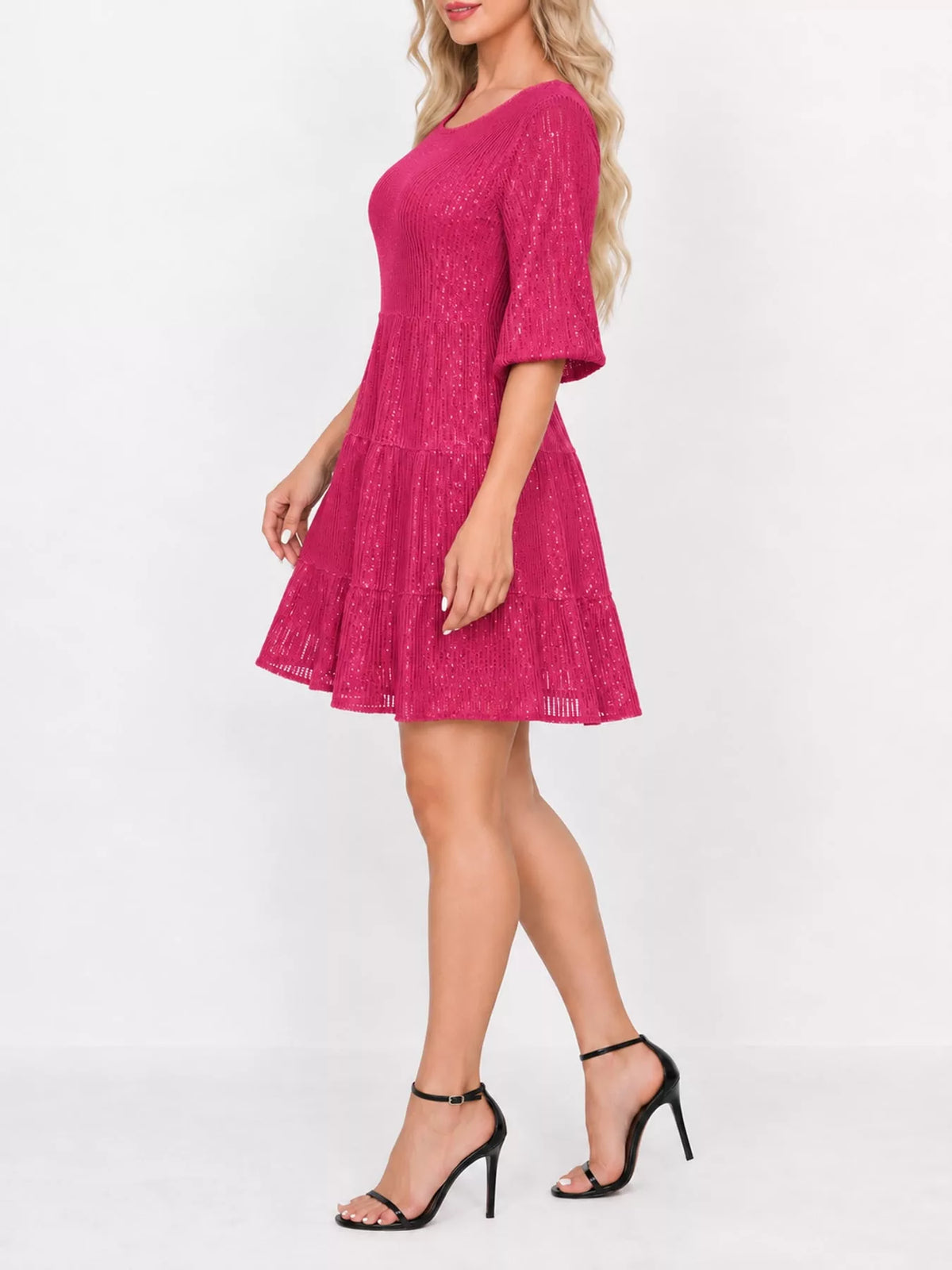 Round neck 3/4 sleeve mini dress, side view