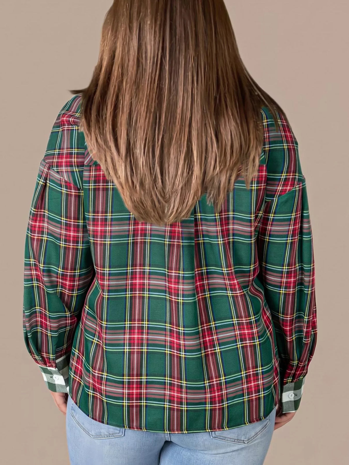 Plaid button-front shirt, green red plaid back