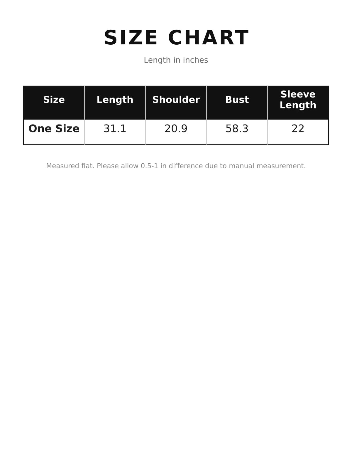 Size chart for button up dropped shoulder denim jacket