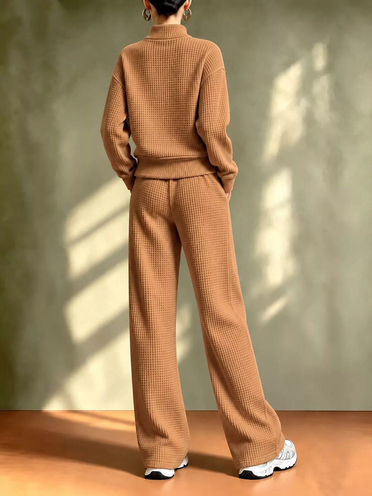 Camel waffle knit button-up outerwear and wide-leg pants set, back view