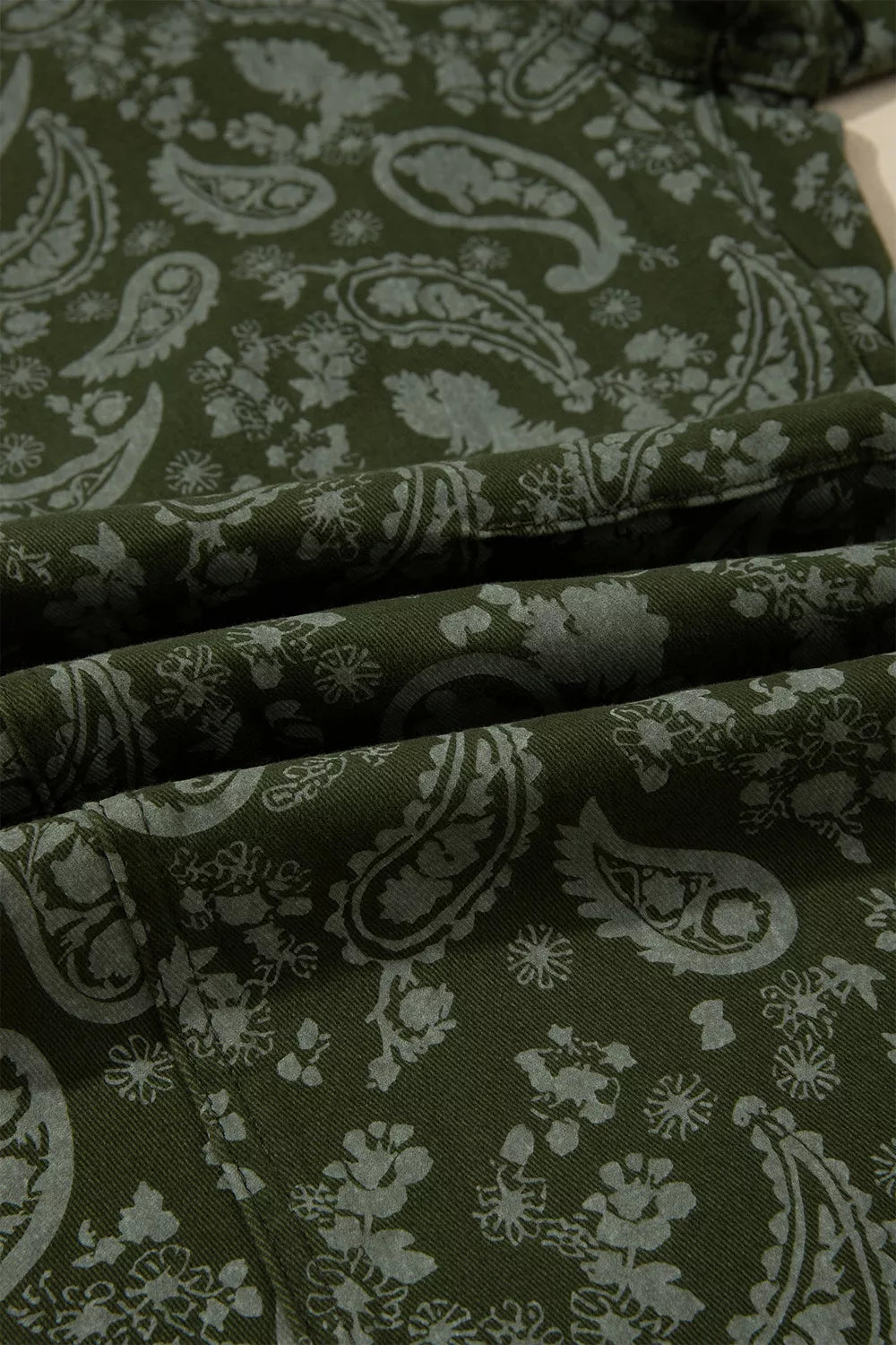 Green paisley print harem denim pants, fabric detail