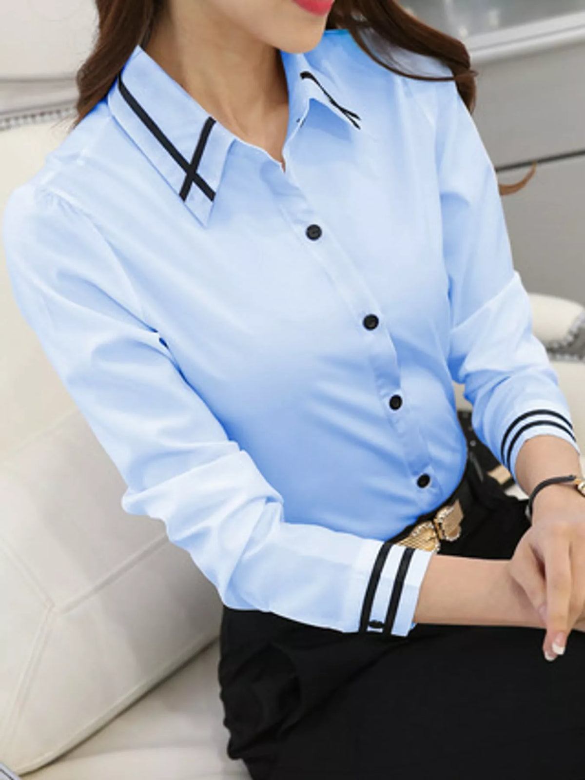 Collared long sleeve shirt, front view on model