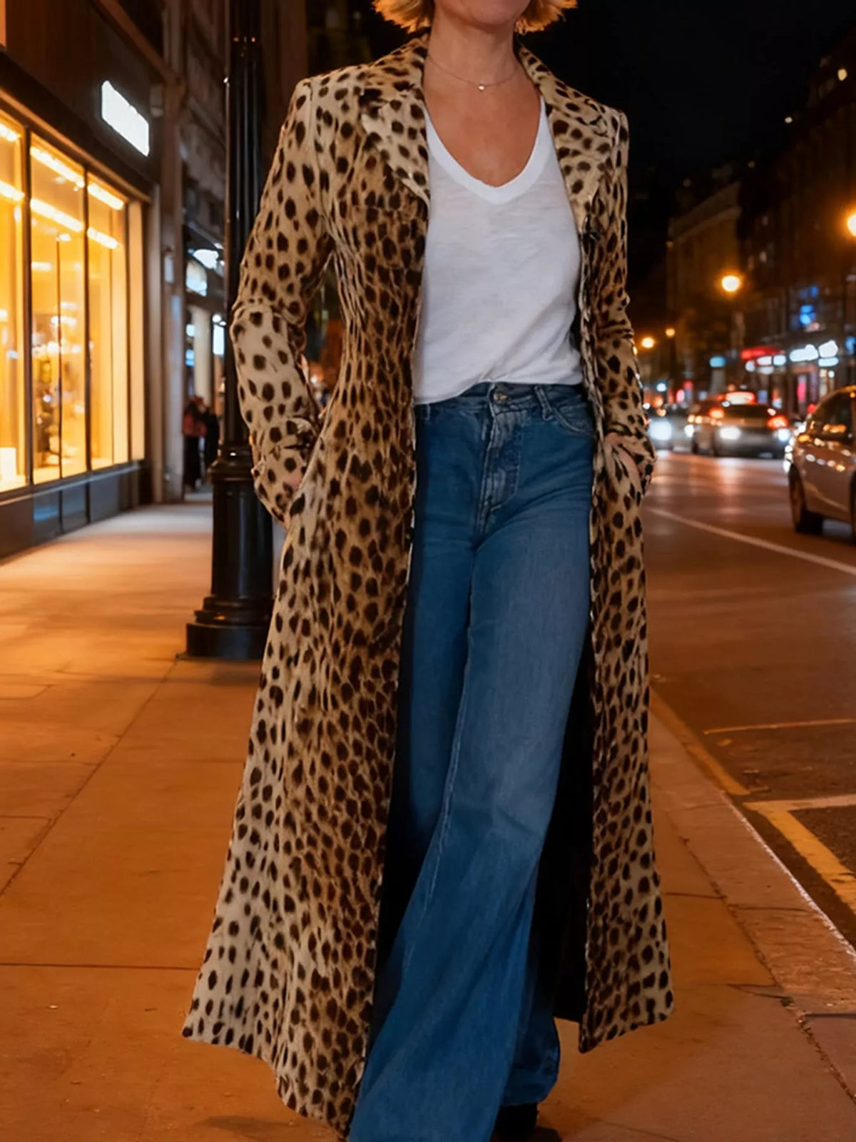 Brown and black leopard-print longline trench coat