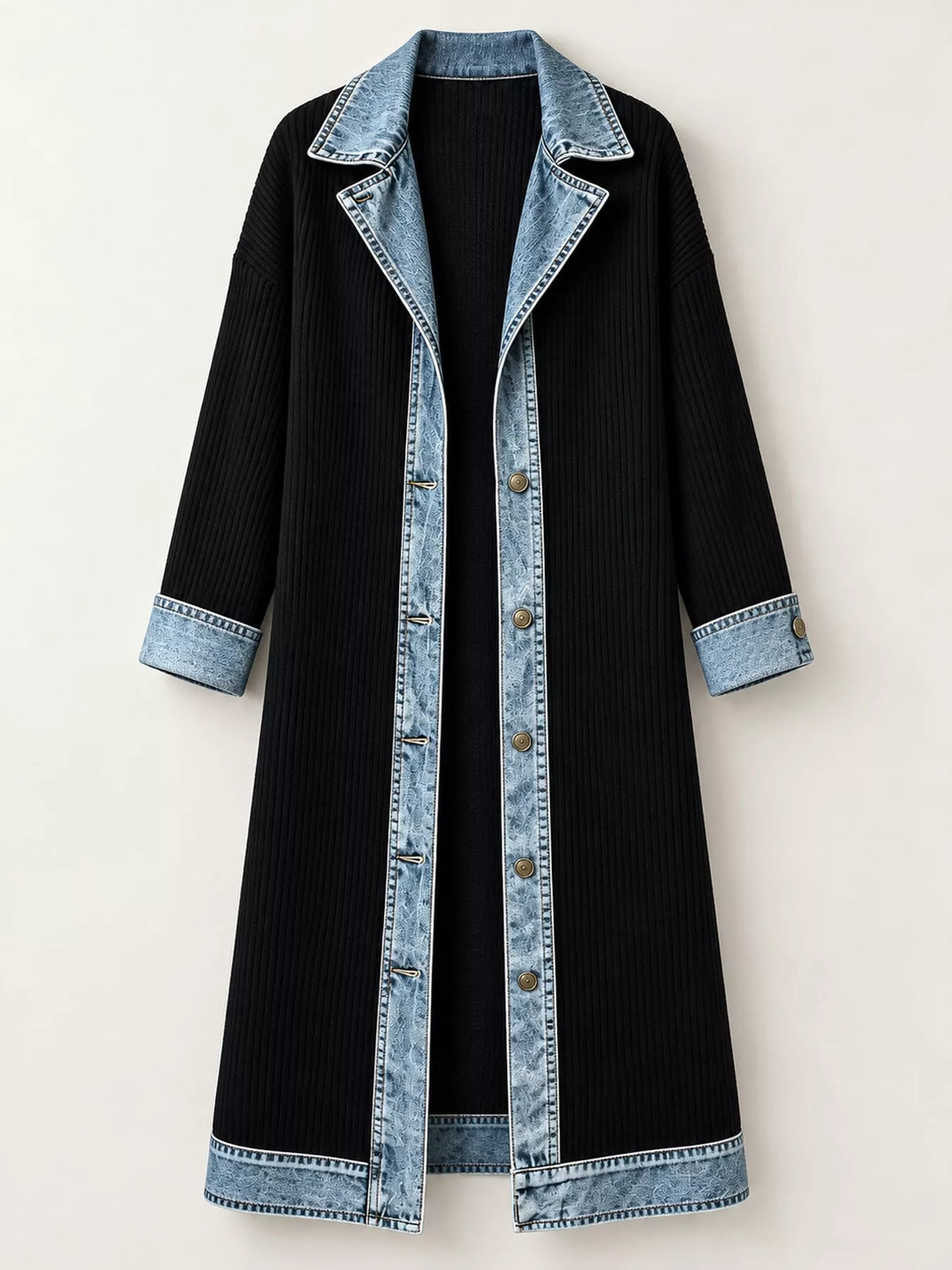 Black Real Denim denim-trimmed ribbed knit longline cardigan